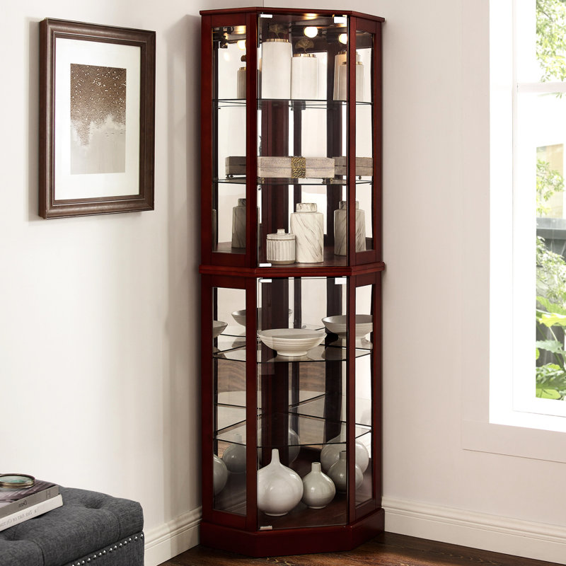 6 Shelf Curio Cabinet With Lights, Mirrored, Adjustable, Material Lighted, Adjustable Shelves, Display, Cherry