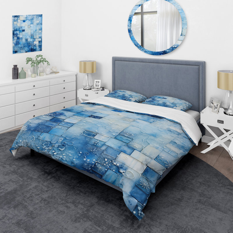 Blue and White Botanical Tiles V - Ensemble de housse de couette à carreaux abstraits