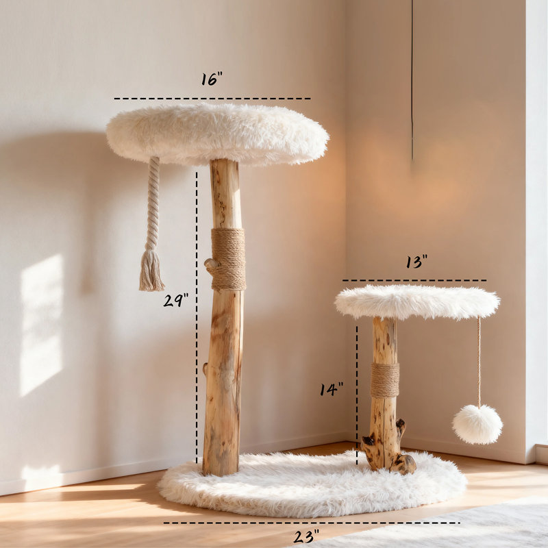 Solid Wood Cat Tree Tower, Natural Wooden Cat Furniture for Indoor Cats, Modern Cat Tree, Sisal Scratching Posts and Hanging Toys, 33"
