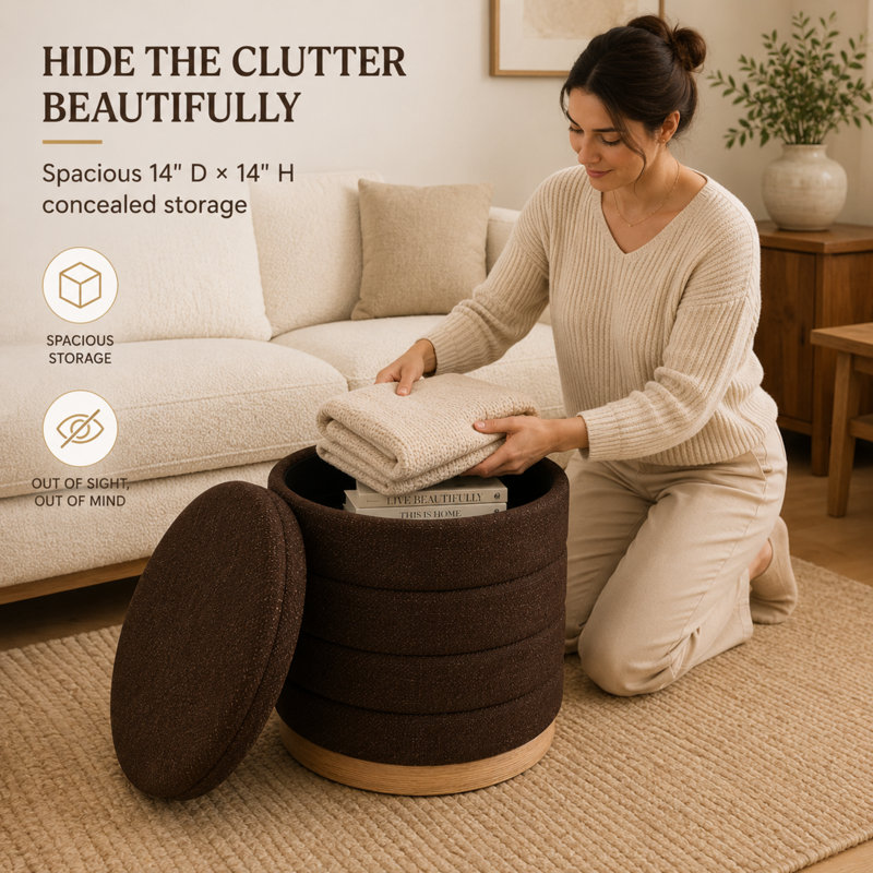 Pouf de rangement cylindrique Tessa de 16 po, recouvert de lin, avec couvercle amovible et rangement dissimulé, couleur chocolat