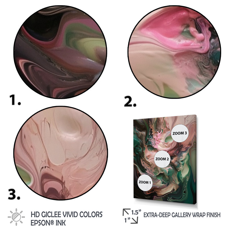 Rose et vert, monde intérieur de marbre IV - art mural abstrait géométrique, H 32 po x l 24 po x P 1 po, Toile tendue