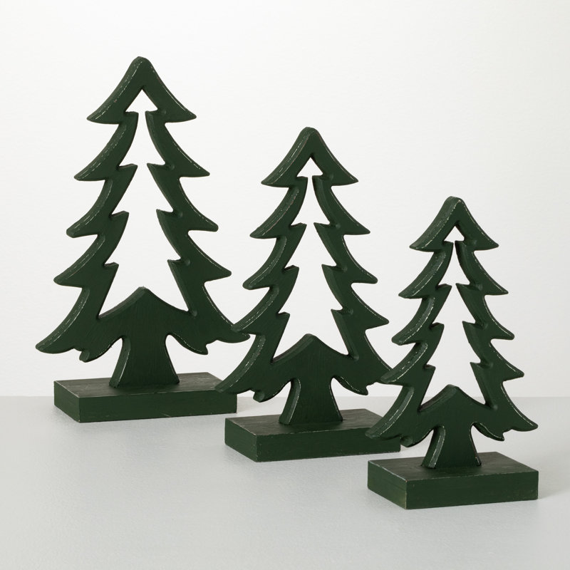 10"H, 11.75"H And 13.75"H Wooden Tree Set Of 3, Christmas Decor; Green