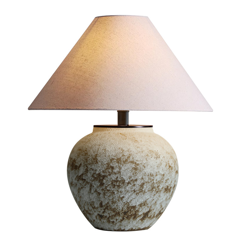 Handmade Rustic Ceramic Table Lamp With Linen Shade, Vintage Farmhouse Bedside Accent Lamp With Free LED Bulb