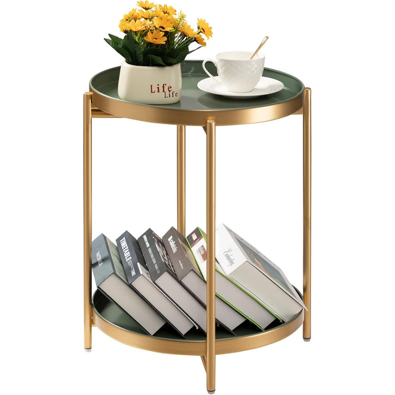 2 Tier Side Table, Folding Round Metal End Table Small Nightstand With Two Removable Tray For Bedroom Living Room Bedside Small Spaces