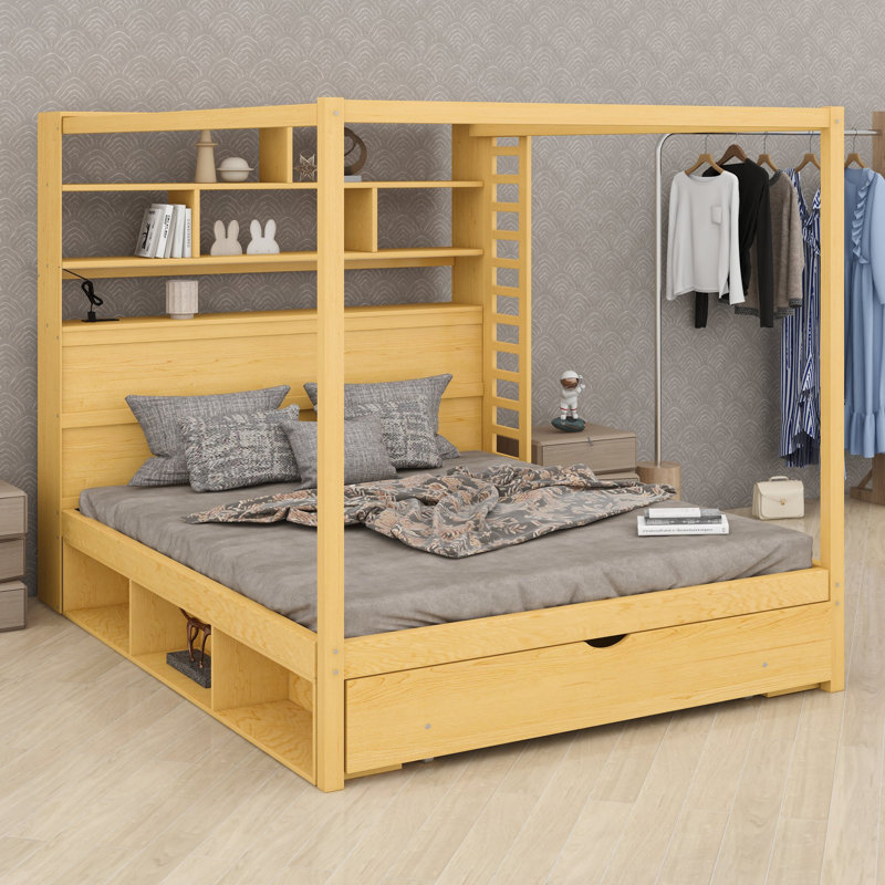 Canopy bed frame with bookcase headboard, usb outlets and led lights, storage cubbies, footboard drawer and reversible rack