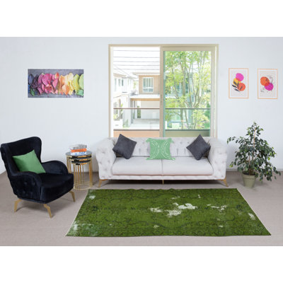 Tapis contemporain noué à la main 4,7 x 8,6 pi. Revêtement de sol turc de couleur verte