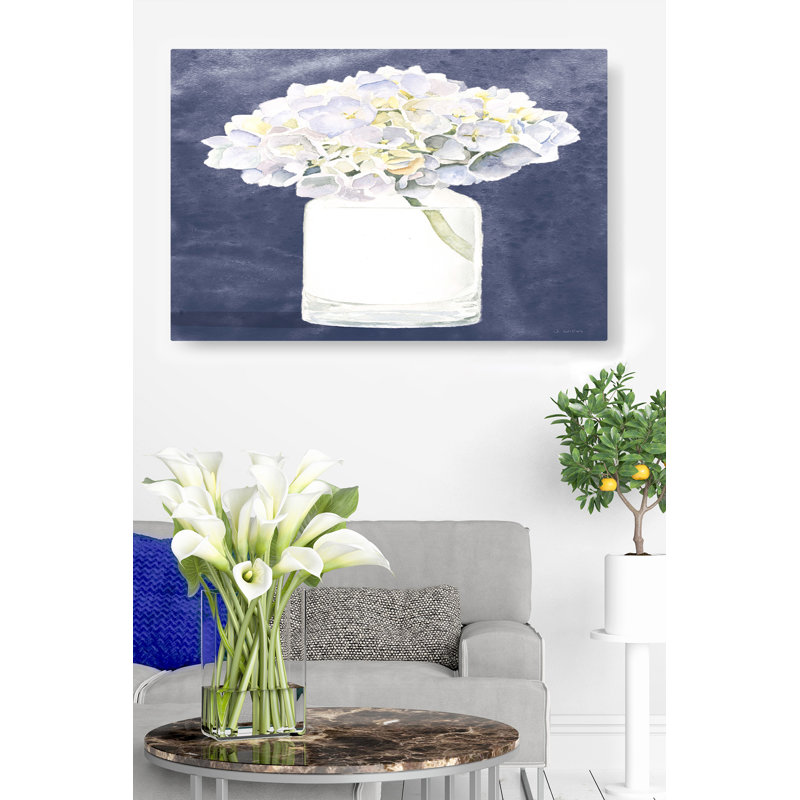 Fleurs dans un pot, hortensias, floral, fleurs, paisible, doux, propre, jaune, vert, sur bleu, bleu marine, blanc, tranquille