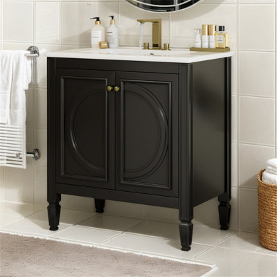 Meuble-lavabo vintage avec lavabo, deux portes avec tablette et charnières de porte à fermeture en douceur,