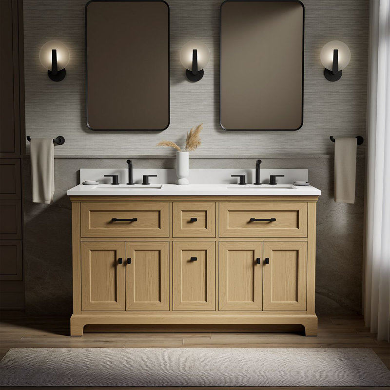 Charlemont Meuble-lavabo de salle de bain avec lavabos et comptoir en quartz, Chêne clair