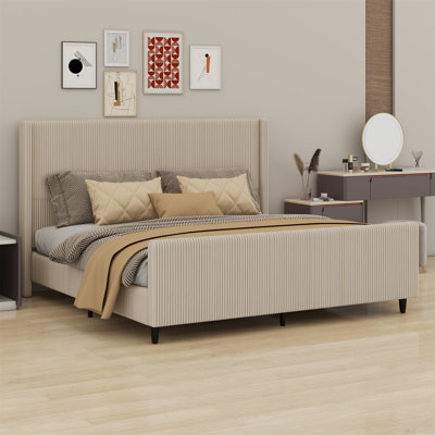 Upholstered Bed Frame With Vertical Stripe Wingback