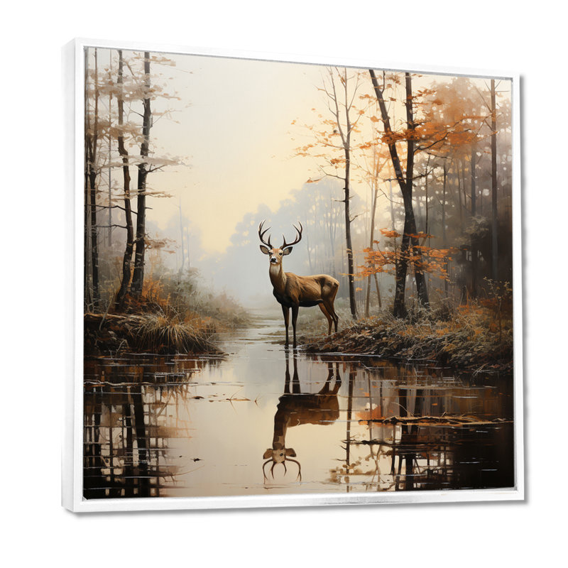 «Animal Deer Misty Morning II», impressions sur toile, H 16 po x l 16 po x P 1 po, Cadre flottant blanc