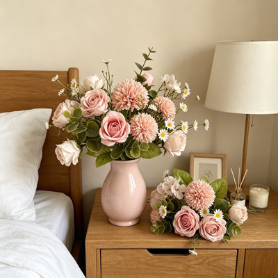 Plantes en pot en plastique, 6 styles de bouquets de fleurs artificielles mélangées, fausses roses, composition florale, centre de table en soie pastel pour chambre, table, décoration de mariage