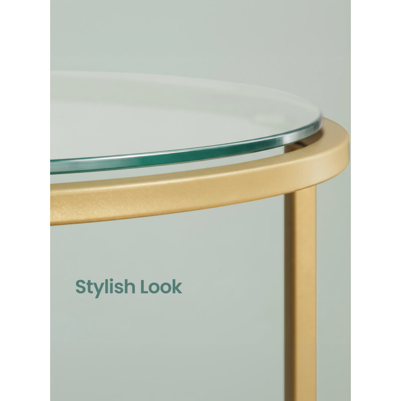 Glass End Table, Round Side Table with Metal Frame, for Living Room, Balcony, Bedroom, Gold Color