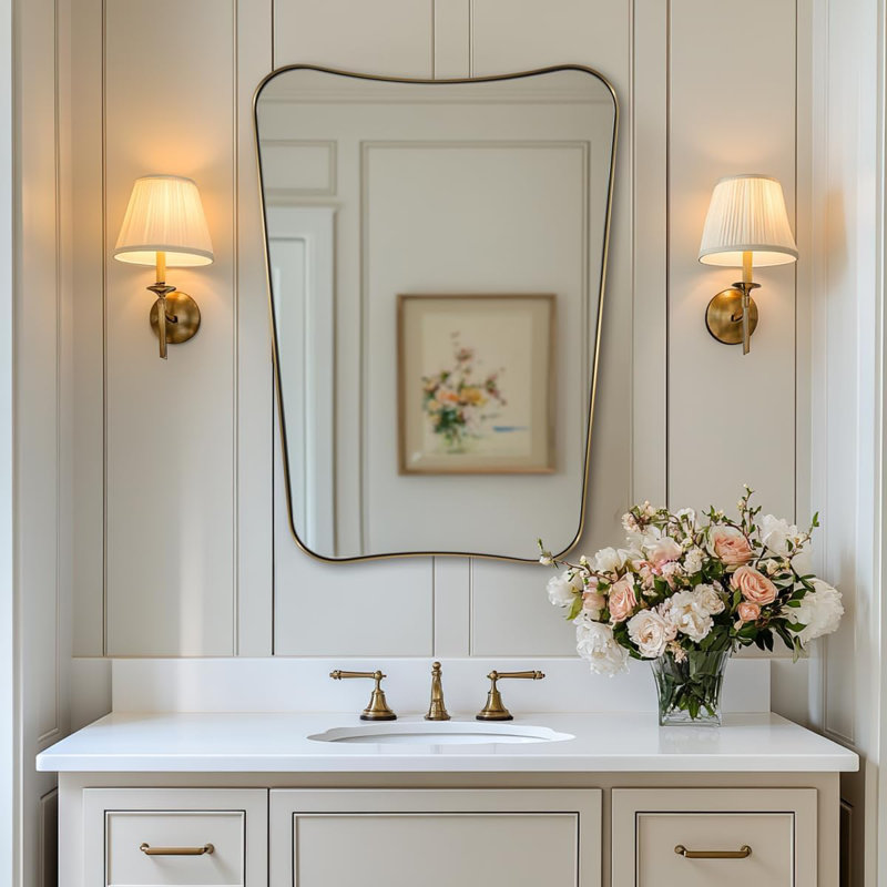 Contemporary Concave Scalloped Irregular Bathroom Vanity Mirror | Stainless Steel Frame, Brushed Gold, 32" x 24"
