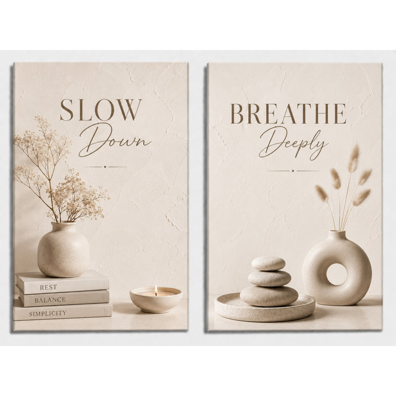 Extra-Large Set of 2 Slow Down Breathe Deeply Canvas Wall Art Calm Neutral Spa Decor Zen Meditation Bathroom Bedroom Relaxation Artwork 24x36 Inch Canvas Print - Ready to hang