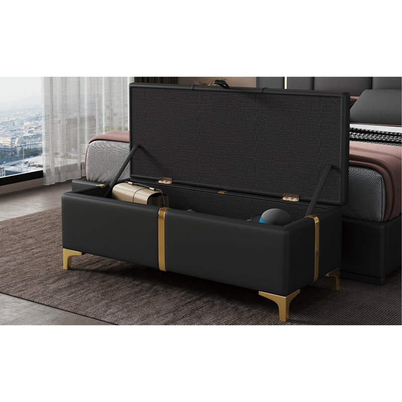 Élégant repose-pieds de rangement rembourré, banc de rangement avec pieds en métal pour la chambre à coucher, le salon, entièrement assemblé sauf les pieds, noir