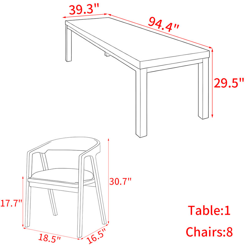 Ensemble de table à manger moderne et simple en bois massif., H 29,5 po x L 94,4 po x l 39,3 po