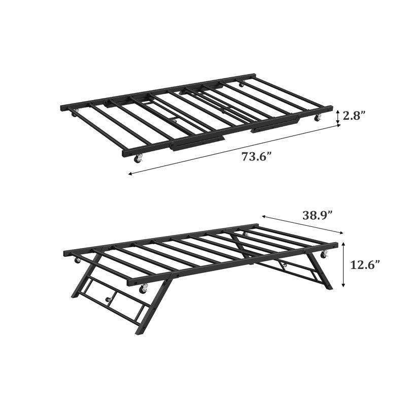 Structure de lit simple pour lit gigogne, lit de jour gigogne avec roulettes verrouillables, plateforme en métal pliable