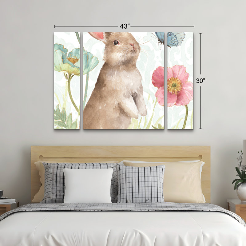 Ensemble de 3 panneaux d'art mural - Lisa Audit «Spring Softies Bunnies II», art mural sur toile pour le salon, la chambre à coucher ou le bureau 