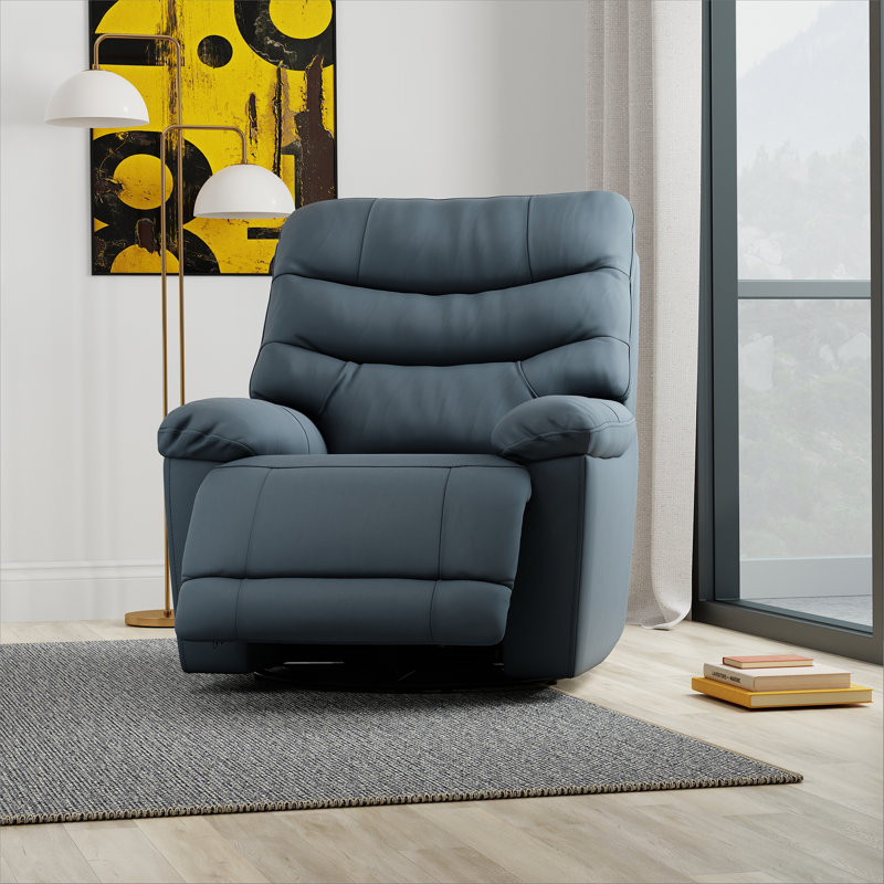 Global Home Swivel Glider Recliner With Manual Footrest In Oslo Sapphire, Sapphire Blue Top Grain Leather