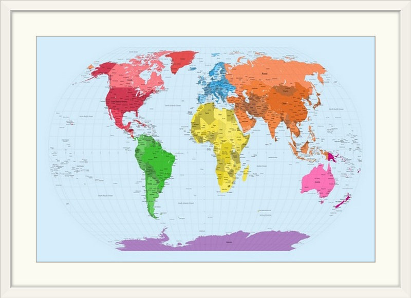 Francy «Continent Map Of The World» par Abarca, impression, H 20 po x l 26 po x P 1 po, Cadre blanc