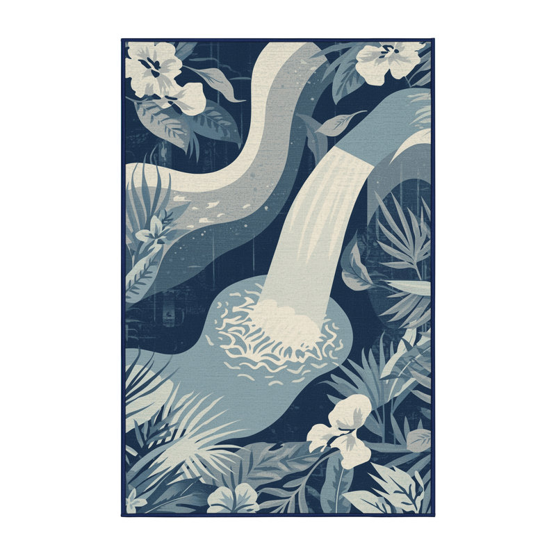 Machine Washable Paxon Tropical Floral Rug in Blue – Navy Binding, 2x3