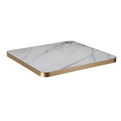 30 po x 72 po, plateau de table en marbre fritté blanc avec veines gris foncé et bordure en alliage d'aluminium bronze, utilisation intérieure / extérieure