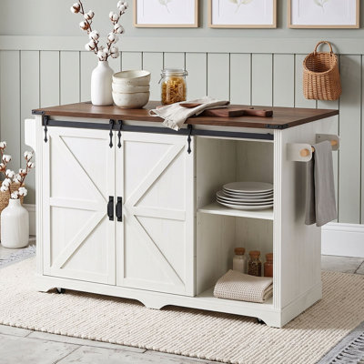 Îlot de cuisine roulant avec 4 tiroirs, abattant, prise de courant, portes de grange coulissantes, supports en verre et rangement pour mini réfrigérateur
