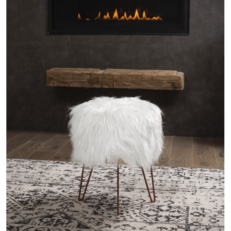 Upholstered Ottoman, White Faux Fur