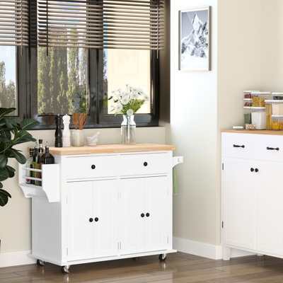 Rolling Kitchen Cart, White, With Drawers, Towel Bar, And Adjustable Shelves - Space Efficient Cart Island By , Includes Rubberwood Countertop, Spice Rack, Rack Ample Drawer Capacity For Organization