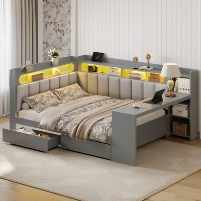 Lit de jour pleine grandeur avec tablettes de rangement, tiroirs, charge USB, lumières DEL, bureau et tête de lit tapissier, gris