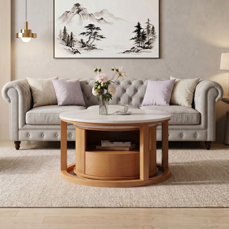Table basse gigogne ronde 28,5 po en naturel op Plateau de table en placage de marbre blanc de luxe storage Rangement à 2 niveaux et 1 tiroir T Étagères de rangement doubles ouvertes