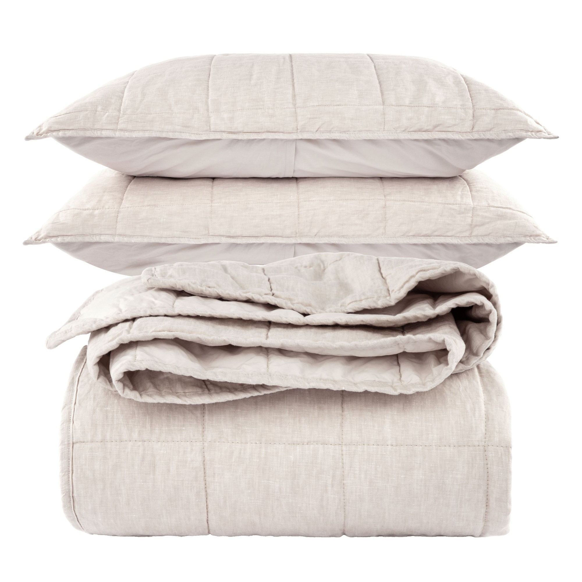 French Linen Box Stitch Quilt & Sham Set, Putty Heather, King Quilt + 2 King Pillow Shams