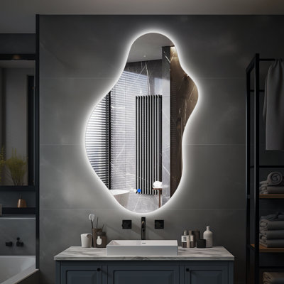 Asymmetrical Frameless LED Mirror with Anti-Fog,Three Color Lighting designed for bathroom vanity and home decor