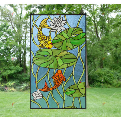 Vitrail de fenêtre en verre coloré à motif de feuilles de Lotus