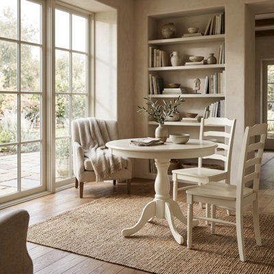 Ensemble de salle à manger rond 3 pièces en bois d'hévéa blanc lin avec table à pied centrale et chaises à dossier à lattes