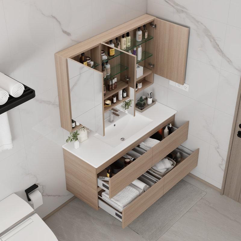 Mahkel 48" W x 18" D x 22" H Single Bathroom Vaity with Ceramic Top Wall Mounted Vanity with Sink