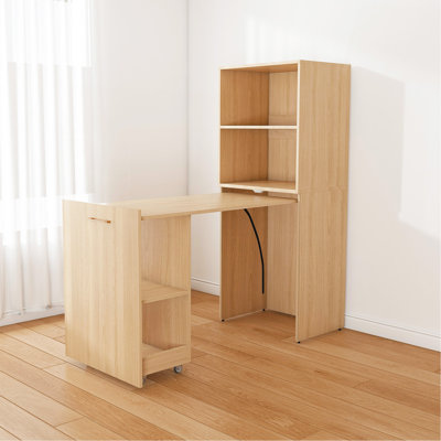 Stretchable desk, office desk with storage shelves and mobile wheels, foldable desk suitable for small apartments and offices,burlywood