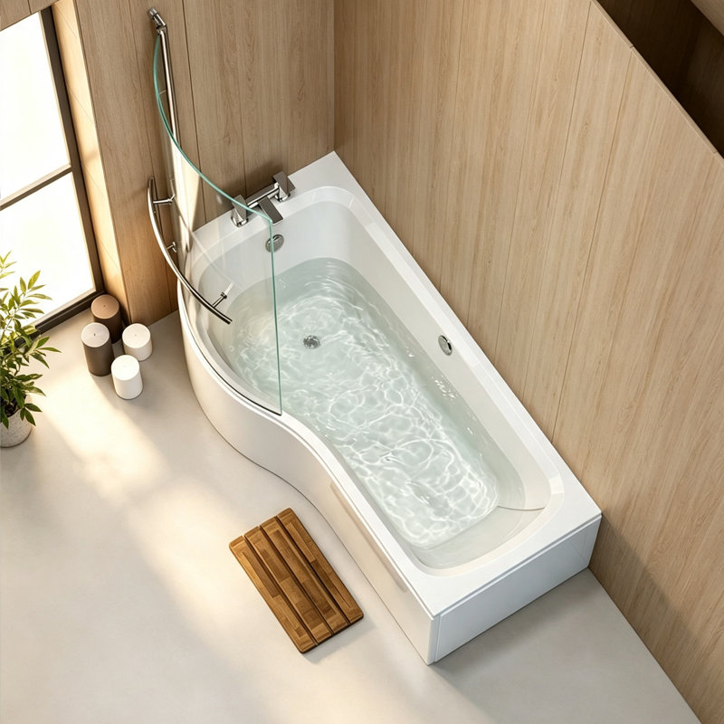 Baignoire en acrylique avec écran en verre courbé pour un usage domestique, H 21,46 po x l 59,06 po x P 33,46 po