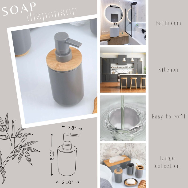 Gray and Bamboo Soap and Lotion Dispenser with Natural Top