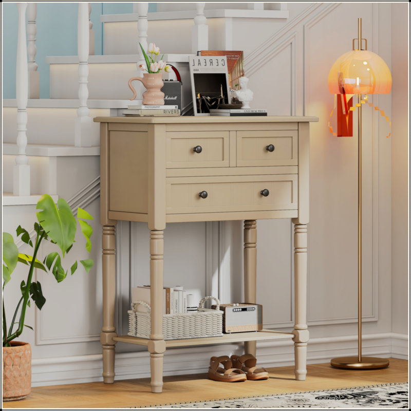 Console étroite, canapé mince avec trois tiroirs de rangement et tablette inférieure, Beige