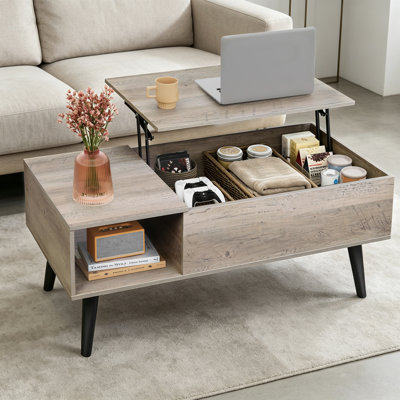 Coffee Table For Living Room, Lift Top Coffee Table With Storage, Small Rising Wooden Dining Center Table With Storage Shelf & Hidden Compartment