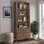 Tranquility Bookcase Pier With LED Lighting, Drawers, And Mid-Century Legs For Stylish Storage.