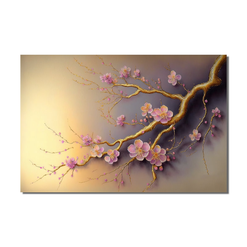 Rose et prune fleur de cerisier branche VII - art mural moderne sur toile, H 40 po x l 60 po