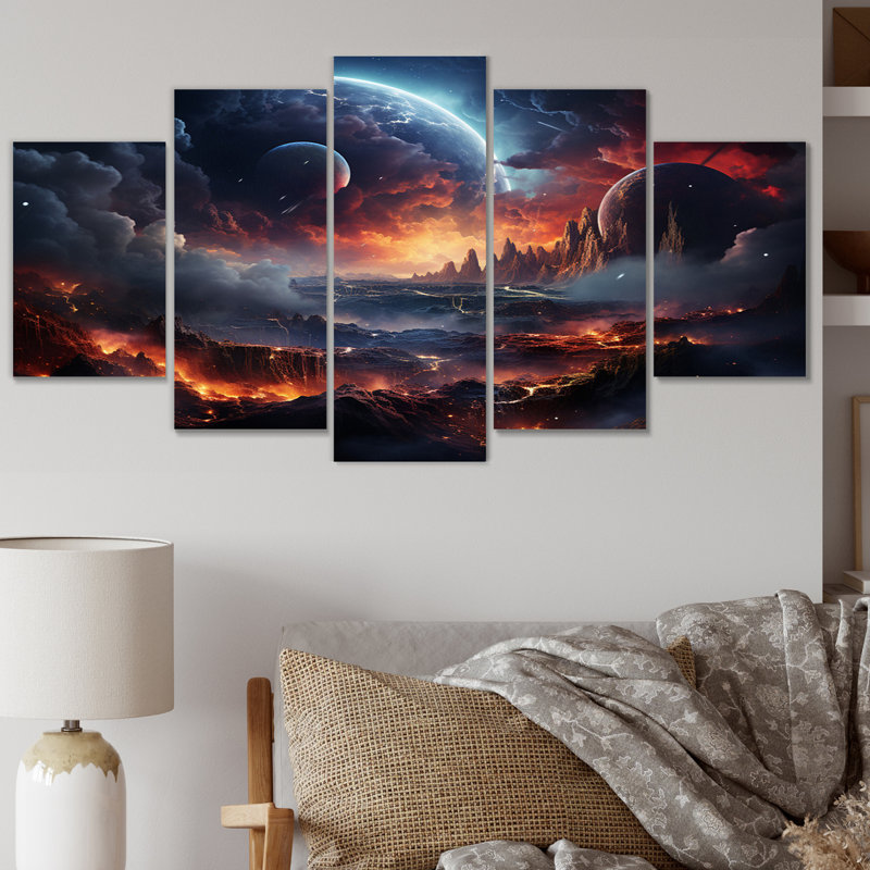 Impression de 5 pièces sur fond orange, astronomique et astronomique II sur toile
