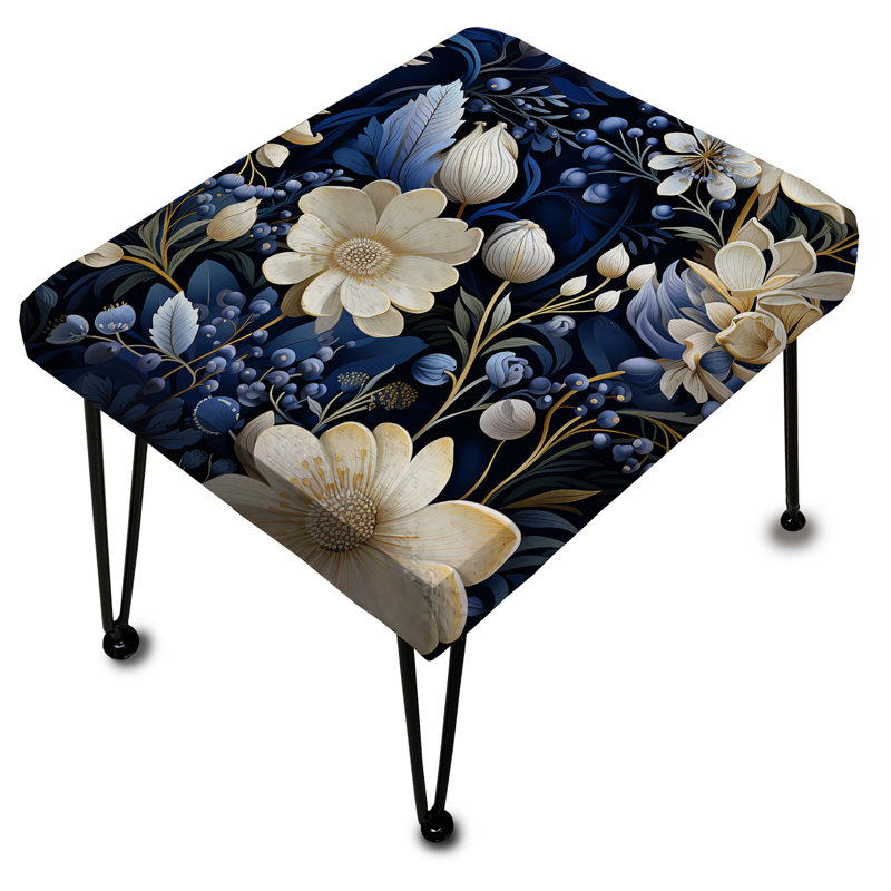 Deep Indigo Moonlit Flowers - Botanical Rectangle Ottoman