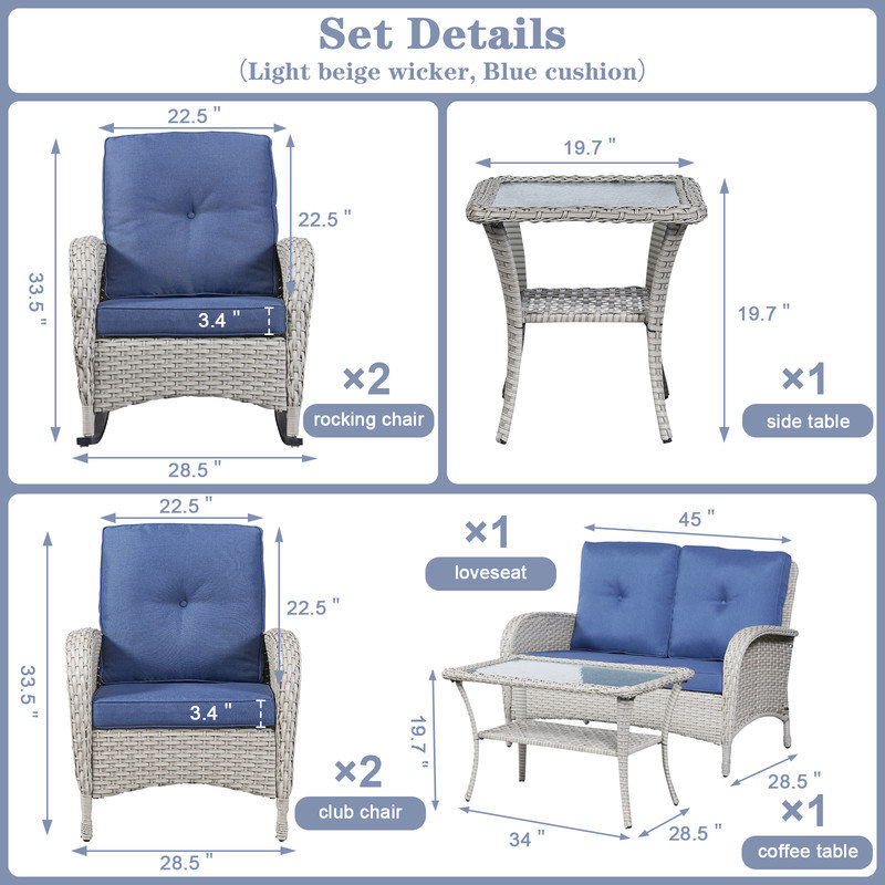 Wicker 6 - Person Patio Conversation Set with Cushions, Gray, Blue