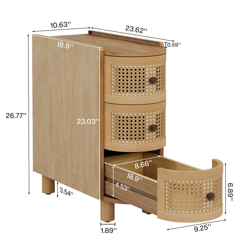 Cierah 3-Drawer Rattan End Table with Vintage Metal Handles, Light Wood
