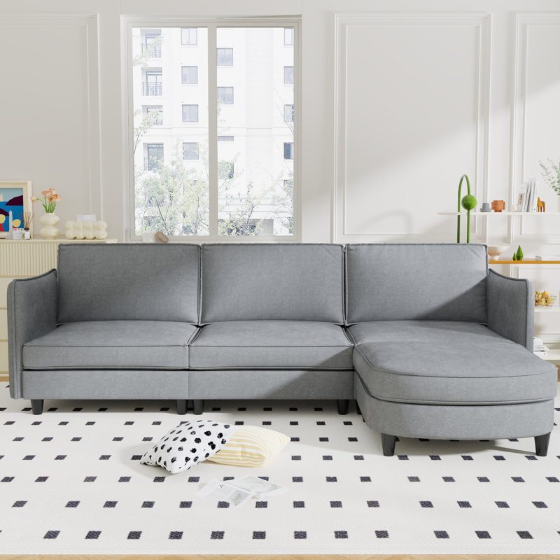 Canapé d'angle quatre places en tissu gris de 274 cm (107,8 po) avec revêtement respirant, ressorts ensachés, réglable, poches latérales sur les accoudoirs, structure en bois, siège confortable, accoudoirs pour la maison.