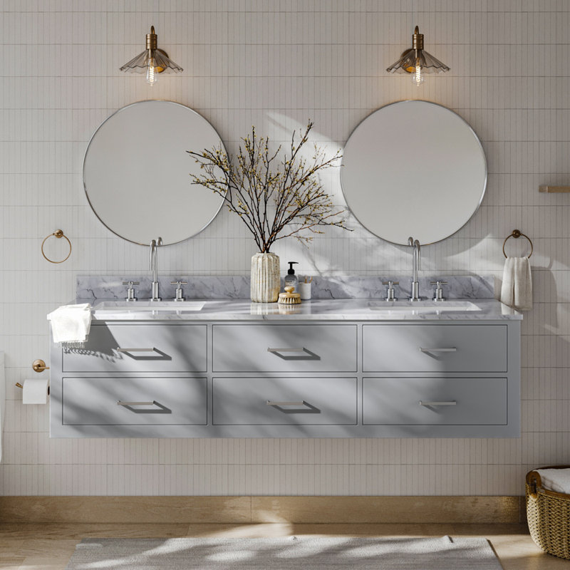 Ensemble de meuble-lavabo mural double 73 po Ceinture Hutton, Gris, Nickel brossé